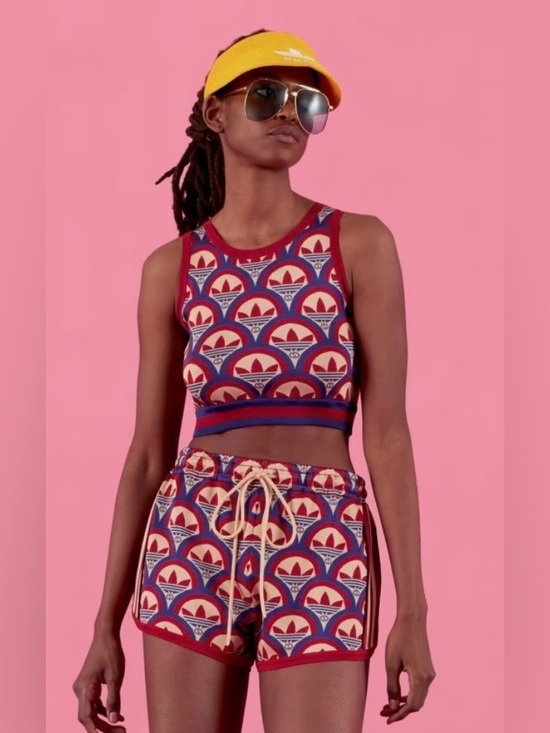Gucci Pants - Gucci x Adidas Jacquard Red, Blue & White Patterned Crop Tank and Shorts Set